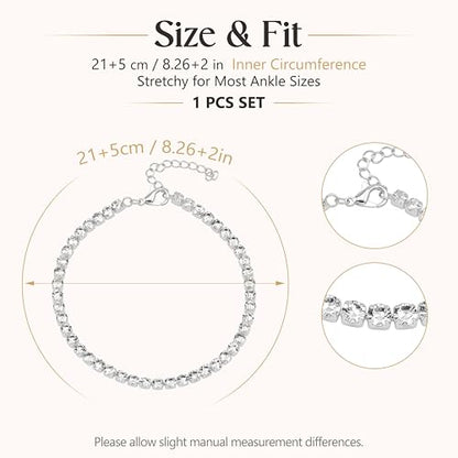 Fesciory Silver Ankle Bracelets for Women, Adjustable Rhinestone Pendant Tennis Anklet, Butterfly Heart Infinite Diamond Summer Beach Foot Chain Jewelry Gifts - style: 1 Rhinestone