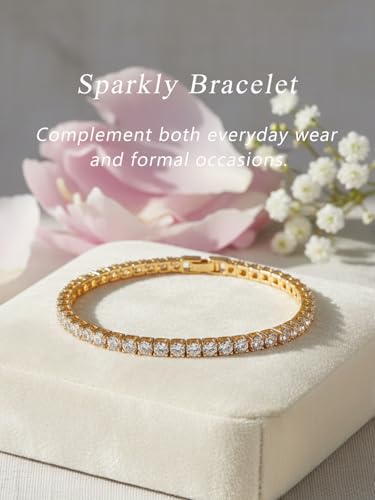 5A Cubic Zirconia Tennis Bracelet for Women, Rhodium/Yellow Gold Plated Hypoallergenic, Birthday Wedding Anniversary Jewelry - color: Prong setting - Yellow Gold