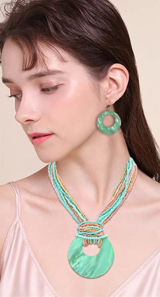 Coiris Multi Strand Statement Colorful Beaded Necklace with Big Circle Shell Pendant for Women - color: Teal