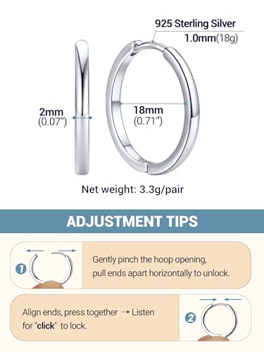 PROSTEEL Huggie Hoop Earrings For Women with 925 Sterling Silver Post | 8/10/12/14/16/18/20mm,14K Gold Plated/Black/Rose Gold/Silver Brass Lightweight Cubic Zirconia Cartilage Piercing Earring - color: 1. Silver, size: 18mm