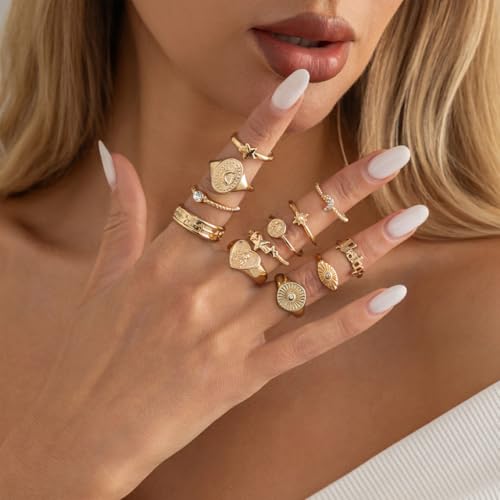 FUTIMELY Boho Retro Stackable Rings Sets for Women Knuckle Joint Finger Knuckle Nail Ring Sets Moon Stars Stack Preppy Statement Rings Cute Trendy Stuff Jewelry - style: G-12PC-Heart Rings