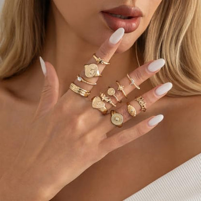 FUTIMELY Boho Retro Stackable Rings Sets for Women Knuckle Joint Finger Knuckle Nail Ring Sets Moon Stars Stack Preppy Statement Rings Cute Trendy Stuff Jewelry - style: G-12PC-Heart Rings