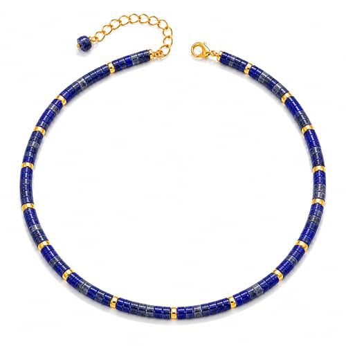 Natural Heishi Gemstone Choker Necklace for Women, Adjustable 15"+2" Beaded Layering Necklace, Coastal Beach Jewelry Gift for Her - color: Dumortierite