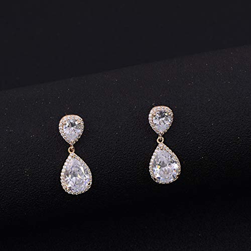 Teardrop Dangle Earrings for Wedding - Sparkly Sterling Silver Cubic Zirconia Crystal Rhinestone Drop Earrings Pierced Austrian Style Hypoallergenic Earrings Womens Bridal Jewelry - style: PJ double teardrop earrings gold