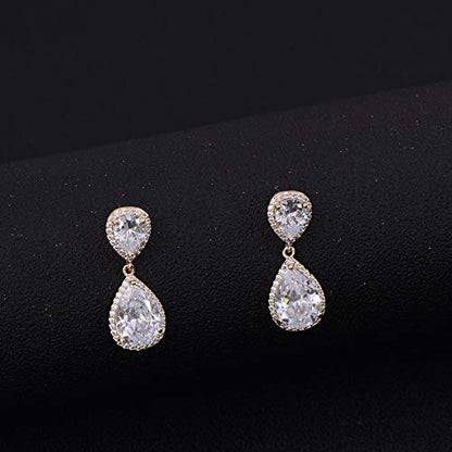 Teardrop Dangle Earrings for Wedding - Sparkly Sterling Silver Cubic Zirconia Crystal Rhinestone Drop Earrings Pierced Austrian Style Hypoallergenic Earrings Womens Bridal Jewelry - style: PJ double teardrop earrings gold