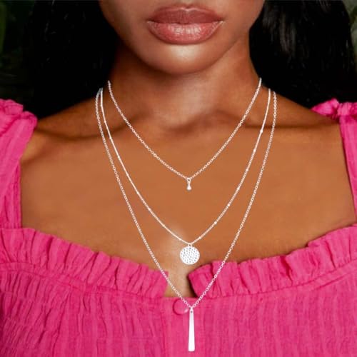 Yalice Dainty Gold/Silver Layered Necklace Chain for Women Sequins Bar Pendant Trendy Jewelry Gift - color: Silver