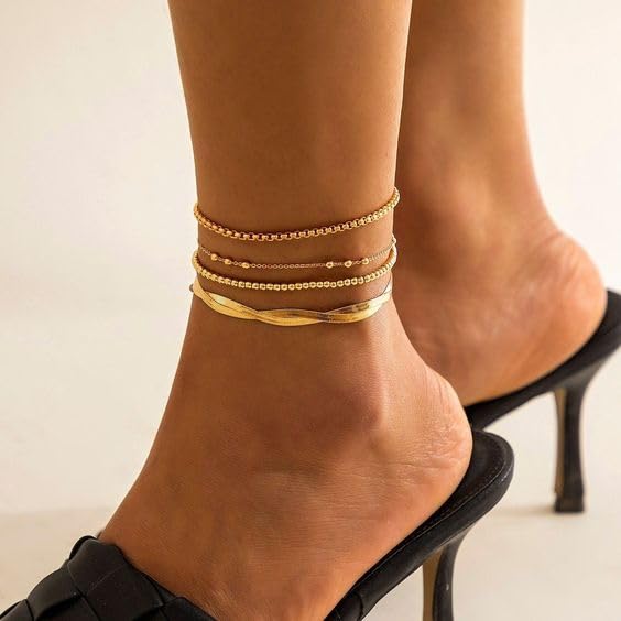 Gold Ankle Bracelets for Women,Dainty 14K Gold Plated Anklets for Women Waterproof Herringbone Beaded Satellite Anklets Set Layered Anklet Bracelets for Women Gold Jewelry Gift - color: Set 5