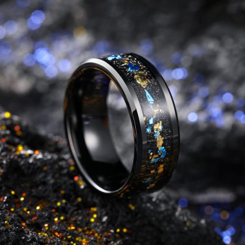 King Will Mens Wedding Band with Foils Inlay, Black/Silver/Gold Beveled Edge Glowstone Ring, 6mm/8mm Tungsten Carbide Rings Comfort Fit - color: Black&Blue+Gold-8mm