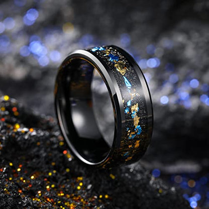 King Will Mens Wedding Band with Foils Inlay, Black/Silver/Gold Beveled Edge Glowstone Ring, 6mm/8mm Tungsten Carbide Rings Comfort Fit - color: Black&Blue+Gold-8mm