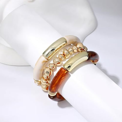 GOOJIDS Simple Beaded Gold Plated Bangles Bracelet Chunky Bamboo Tube Curved Stacking Clear Acrylic Colorful Beads Stretchable Gold Plated Bracelets Set For Women - color: T-Gold&Brown Set