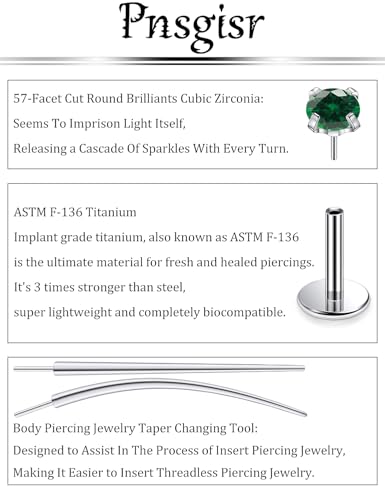 F136 Titanium 20/18/16G Earrings Nose Lip Rings Medusa Tragus Cartilage Helix Labret Flat Back Threadless Implant Grade Stud Piercing Jewelry for Women - color: Green CZ, size: 16g*6/8/10mm*2/3/4mm