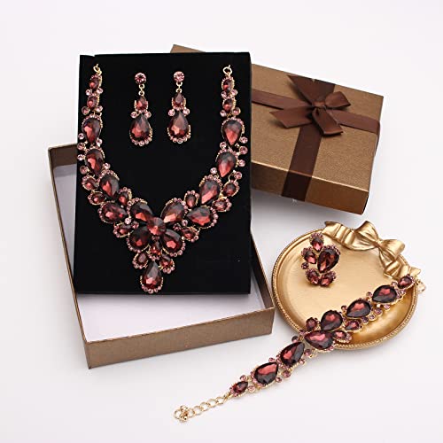 Women's Wedding Bridal Austrian Crystal Glass Teardrop Statement Necklace Dangle Earrings Bracelet Ring Wedding Party Jewelry Set for Bridal Bridesmaid - color: Purple-Gold Plated