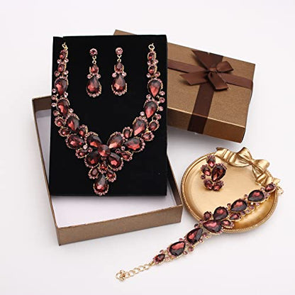Women's Wedding Bridal Austrian Crystal Glass Teardrop Statement Necklace Dangle Earrings Bracelet Ring Wedding Party Jewelry Set for Bridal Bridesmaid - color: Purple-Gold Plated