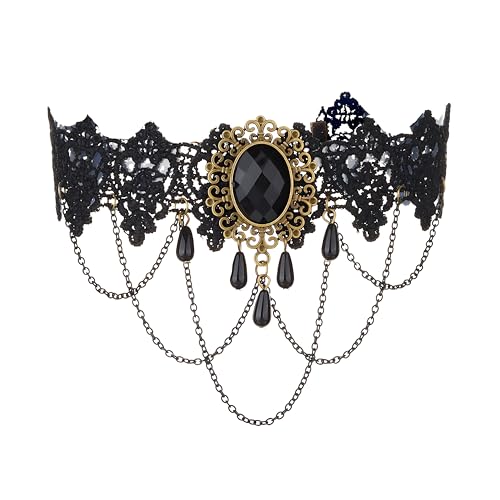 Vintage Lace Skull Choker Necklace for Women Punk Gothic Black Sexy Lace Necklaces Tassel Collar Vampire Statement Choker Necklace Halloween Classic Choker Gifts - color: Black Oval Chain