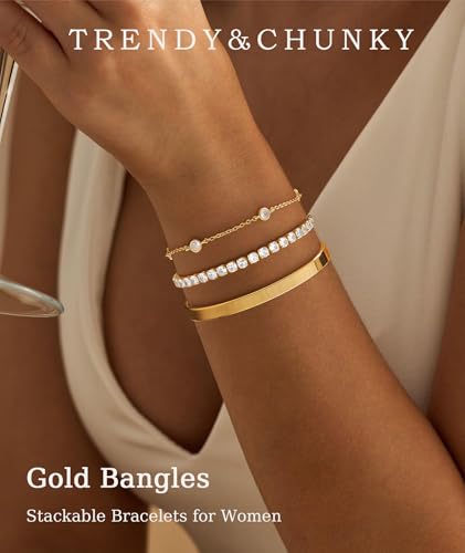 ZOERAY Silver Gold Bangle Bracelets for Women Non Tarnish 14k Gold Plated Stackable Cuff Bracelets for Women Trendy Cubic Zirconia Stainless Steel Chunky Bracelet Stack Set Waterproof Jewelry Gifts - color: D.Cubic Zirconia-Gold