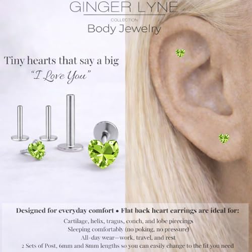 Titanium Heart CZ Labret Stud Earrings for Piercings by Ginger Lyne 6Pc Set G23 Screw Front Flat Back Body Jewelry 2 pair post 6mm, 8mm Cartilage, Helix, Tragus, Lip, Conch, Lobe - color: 5mm-PeridotGreen