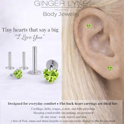Titanium Heart CZ Labret Stud Earrings for Piercings by Ginger Lyne 6Pc Set G23 Screw Front Flat Back Body Jewelry 2 pair post 6mm, 8mm Cartilage, Helix, Tragus, Lip, Conch, Lobe - color: 5mm-PeridotGreen