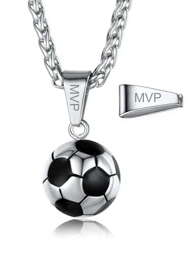 GOLDCHIC JEWELRY Sport Necklaces for Men Teen, Football Baseball Soccer Basketball Softball Necklaces with Stainless Steel Chain Athlete Jewelry Sports Fan Gift - color: Soccer Pendant-Steel, style: Personalised Engraving