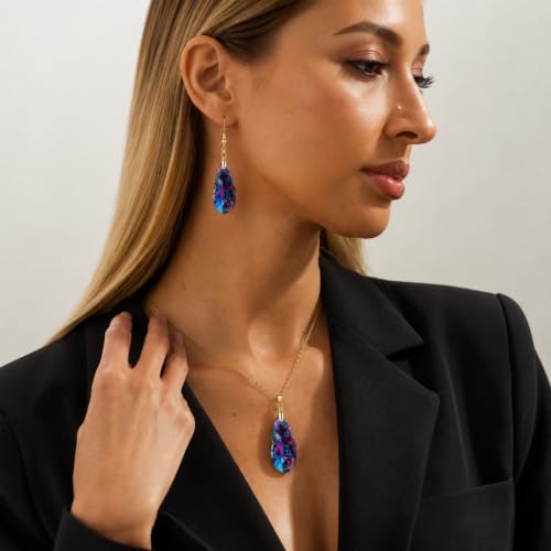 Natural Healing Stone Necklaces for Women Boho Crystal Drop Earrings Set Unique Emperor Stone Pendant Necklace for Birthday Party Jewelry Gift - color: Rainbow Blue - Gold Hook