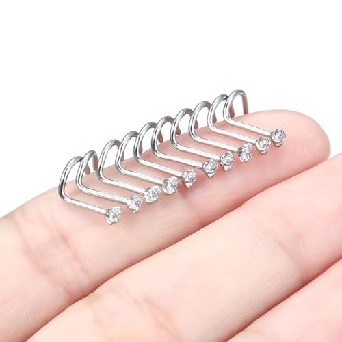 Nose Studs Surgical Steel Nose Rings Studs with Cubic Zirconia 10Pcs Tiny Nostril Rings for Women Screw Bone and L-Shaped Nostril Piercing Jewelry 24G 22G 20G 18G - color: silvertone,screw nose studs, size: 20g,2.0mm Clear CZ