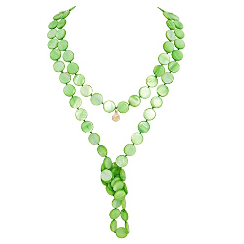 Firstmeet Flat Round Coin Shell Beads Long Knotted Necklace Natural Mother of Pearl Handmade Jewelry For Women - color: Green