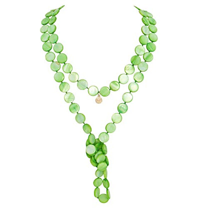 Firstmeet Flat Round Coin Shell Beads Long Knotted Necklace Natural Mother of Pearl Handmade Jewelry For Women - color: Green