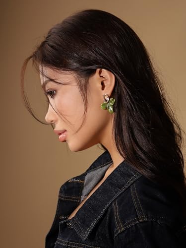 Statement Earthy Flower Dangle Earrings for Women, Elegant Floral Jewelry - color: Green
