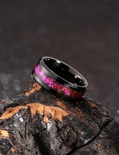 King Will Mens Wedding Band with Foils Inlay, Black/Silver/Gold | Black, 6mm/8mm, Beveled Edge, Comfort Fit, Glowstone Ring, Everyday Wear - color: Black&Purple-8mm