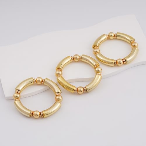 LALAPPLE Gold Plated Beaded Acrylic Bamboo Tube Bangle Bracelets for Women, Colorful Chunky Curved Tube With Gold Plated Pieces Beads Stretch Bracelet Friendship Summer Beach Jewelry - color: Y-gold 3pcs