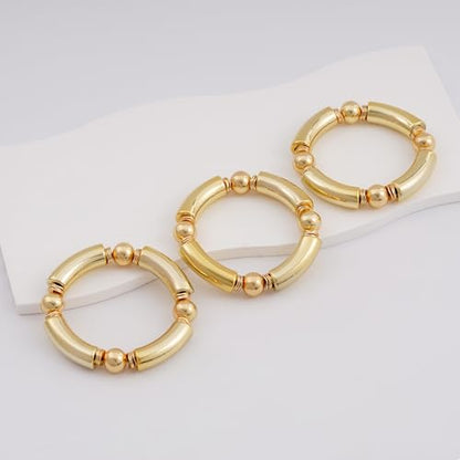 LALAPPLE Gold Plated Beaded Acrylic Bamboo Tube Bangle Bracelets for Women, Colorful Chunky Curved Tube With Gold Plated Pieces Beads Stretch Bracelet Friendship Summer Beach Jewelry - color: Y-gold 3pcs