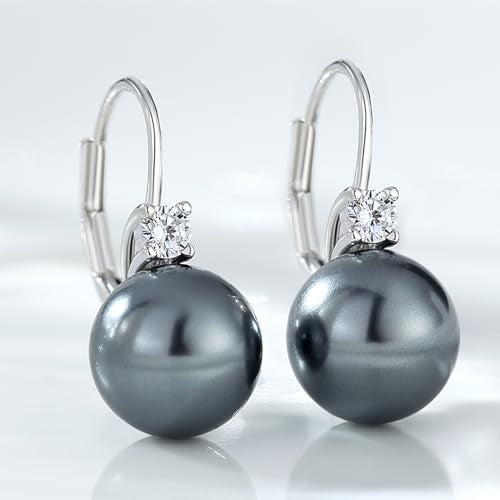 925 Sterling Silver Pearl Leverback Earrings for Women Cubic Zirconia Pearl Jewelry 10MM - color: A: Leverback-Dark Gray