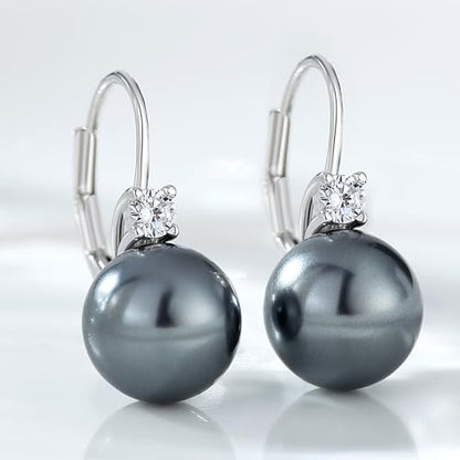 925 Sterling Silver Pearl Leverback Earrings for Women Cubic Zirconia Pearl Jewelry 10MM - color: A: Leverback-Dark Gray