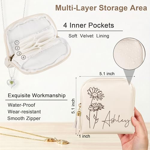 Custom Jewelry Travel Case with Birth Flower Birthday Gifts for Mom Girlfriend Wife,Leather Jewelry Pouch Bags with Name Small Jewelry Organizer for Teacher Appreciation Gifts - color: Birth Flower
