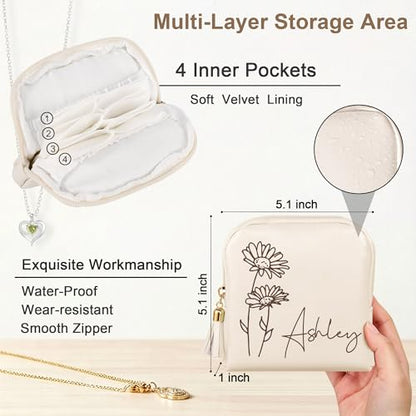 Custom Jewelry Travel Case with Birth Flower Birthday Gifts for Mom Girlfriend Wife,Leather Jewelry Pouch Bags with Name Small Jewelry Organizer for Teacher Appreciation Gifts - color: Birth Flower