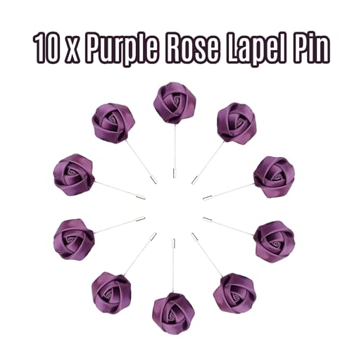 10Pcs Rose Boutonniere Lapel Pin for Men Purple Flower Lapel Pin for Men Suits Handmade Rose Corsage Satin Flower Outfit Accessories Groom Groomsman Wedding Brooch for Husband Brother