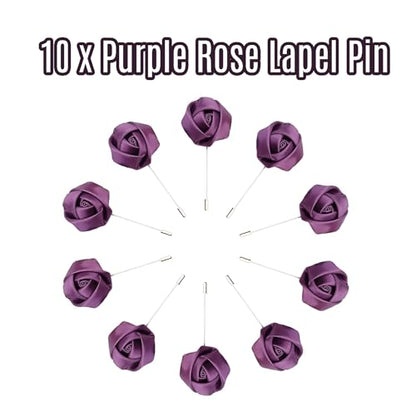 10Pcs Rose Boutonniere Lapel Pin for Men Purple Flower Lapel Pin for Men Suits Handmade Rose Corsage Satin Flower Outfit Accessories Groom Groomsman Wedding Brooch for Husband Brother