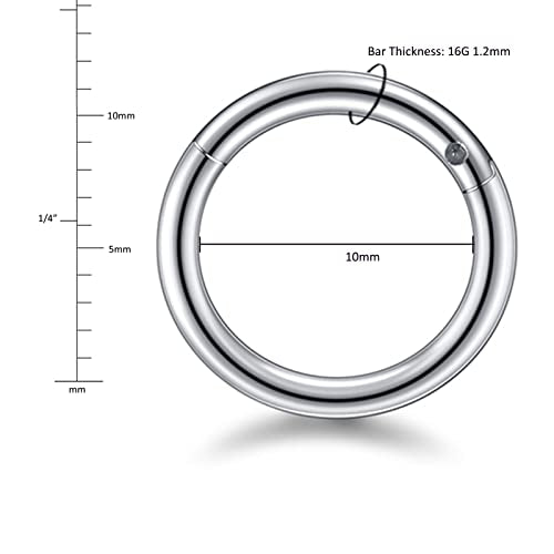Aumeo 14G 16G 18G 20G Nose Ring Hoop Stainless Steel Hinged Segment Rings Hoops Nose Clicker Ring Tragus Helix Cartilage Daith Rook Earring Piercing Jewelry for Women Men - style: 5pcs 16g 10mm mixed colors