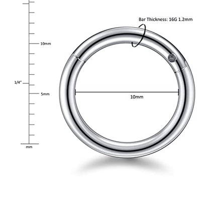 Aumeo 14G 16G 18G 20G Nose Ring Hoop Stainless Steel Hinged Segment Rings Hoops Nose Clicker Ring Tragus Helix Cartilage Daith Rook Earring Piercing Jewelry for Women Men - style: 5pcs 16g 10mm mixed colors