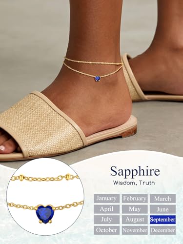 Suplight Gold Plated Butterfly Anklets for Women Waterproof, Layered Boho Ankle Bracelet with Birthstone, Stainless Steel Adjustable Non-Tarnish Heart Foot Jewelry Beach Vacation - color: 09. Heart-Sept. Sapphire
