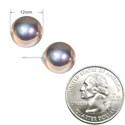 Grey Faux Pearl Stud Earrings, S925 Silver Posts Hypoallergenic for Women - color: Silvery Grey, size: 12mm