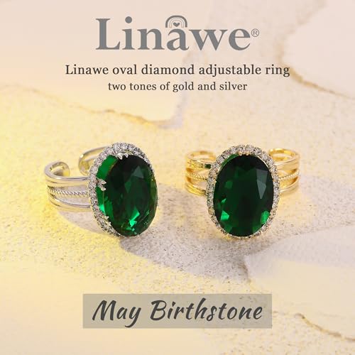 Linawe Costume Jewelry Adjustable Cocktail Ring for Women | Copper, Rhinestone, Cubic Zirconia, Oval, Fake Diamond, Crystal, Stone, Birthstone, Gemstone, Big, Chunky, Statement - color: White Green