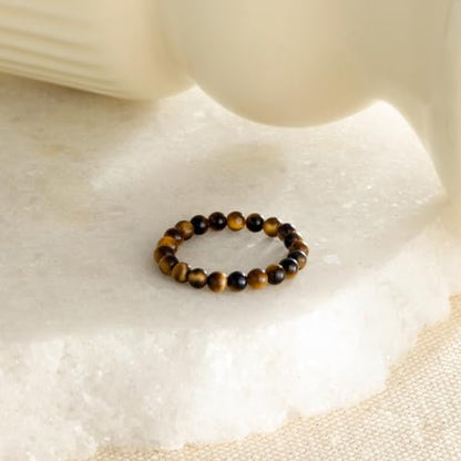 NLIEO Handmade Natural Gemstone Crystal Beaded Stretch Band Ring for Women | Handmade, 3mm Natural Stone, Size 7-12, Stretchy, Beaded Jewelry, Green Bead Rings, Trendy Jewelry Gift - style: Tigers Eye