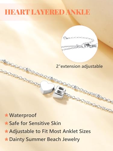 Ankle Bracelets for Women Waterproof 14K Gold/Silver/Black Initial Anklet for Women Dainty Layered Heart Ankle Bracelets Stainless Steel Adjustable Foot Chain Anklet Summer Beach Jewelry - color: B-Silver
