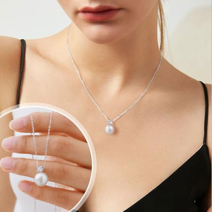 Pearl Necklace for Women 925 Sterling Silver Single Pearl Jewelry with Shell Pearl Pendant - Dainty Choker Necklace Suitable for Anniversary, Wedding, Birthday Gifts - color: CZ Silver