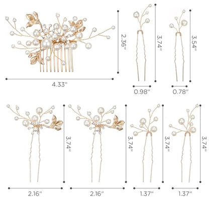 SWEETV Bridal Wedding Hair Accessories Set of 7, Pearl Wedding Hair Comb Rhinestone HairPins Leaf HairPieces Elegant Bridal Headpieces Accessories for Brides Bridesmaids Women Girls