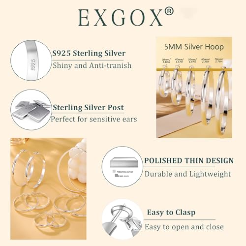 EXGOX 5mm Wide Gold Hoop Earrings for Women,Sterling Silver Hoop Earrings Large Silver Hoop Earrings Hypoallergenic Lightweight 14K Real Gold Plated Big Hoop Earrings for Women 30/40/50/60/70mm - color: Silver Color/30MM