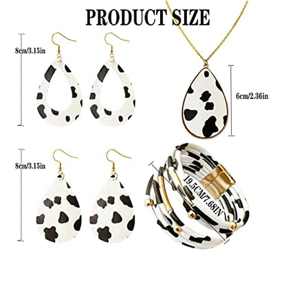 4 Pieces Faux Leather Earrings Necklace Bracelet Set 4 Pieces Christmas Plaid Stripe Jewelry Set Multi-Layer Leather Bracelet, Dangle Leather Earrings Necklace Glitter Jewelry Set for Women - color: black and white 3