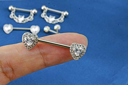 HQLA 14G Dainty CZ Love Heart Nipple Rings Tongue Ring Surgical Steel Nipple rings Piercing Women Barbells 2Pcs 25/8"(16mm) - style: Silver