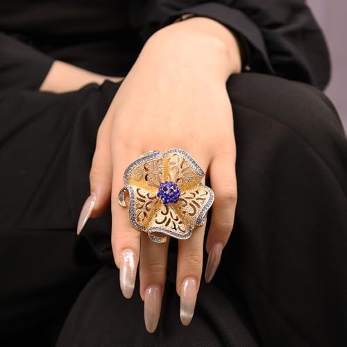 Elegant Big Crystal Flower Ring for Women Gold Rhinestone Floral Rings Open Finger Adjustable Crystal Flower Statement Ring Jewelry for Bridal Wedding - color: Flower 1 - blue