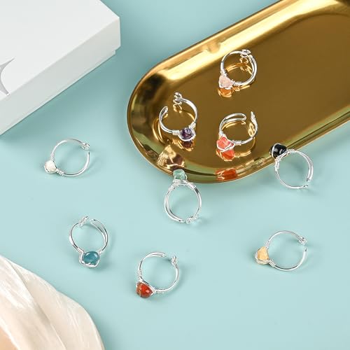 9 PCS Healing Crystal Ring, Adjustable Wire Wrapped Rings Irregular Gemstone Rings Set for Women - color: Silver-Style B